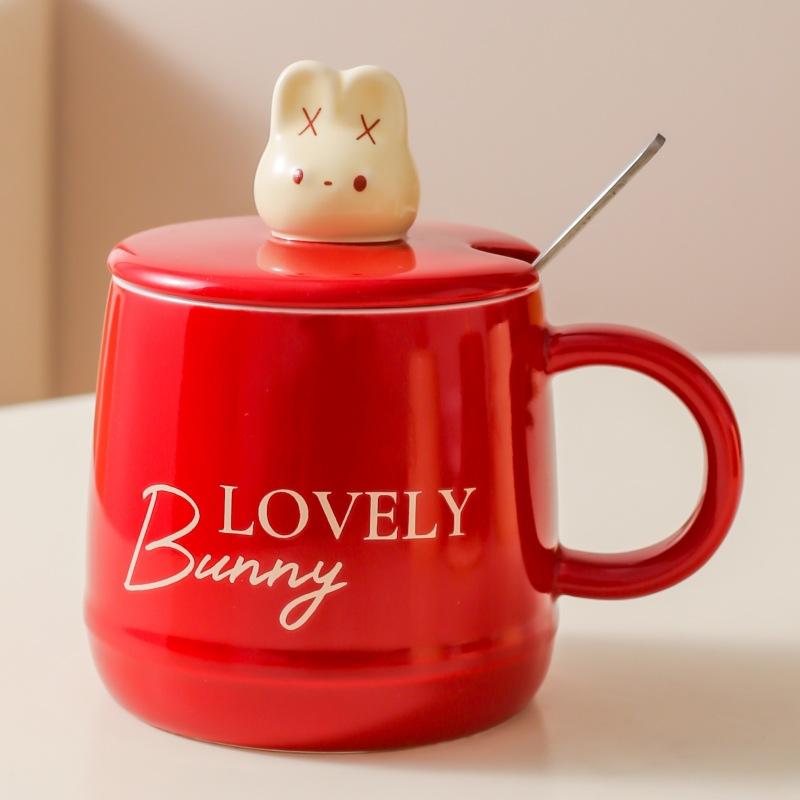 Cartoon cute rabbit ceramic mug household milk cup breakfast cup with lid gift water cup couple coffee cup