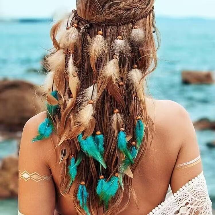 Zigeuner Indisches Kopfschmuck Bohemian Vintage Blaue Feder Quaste Stirnband Verstellbar Haarschmuck Für Frauen Urlaubs Schmuck
