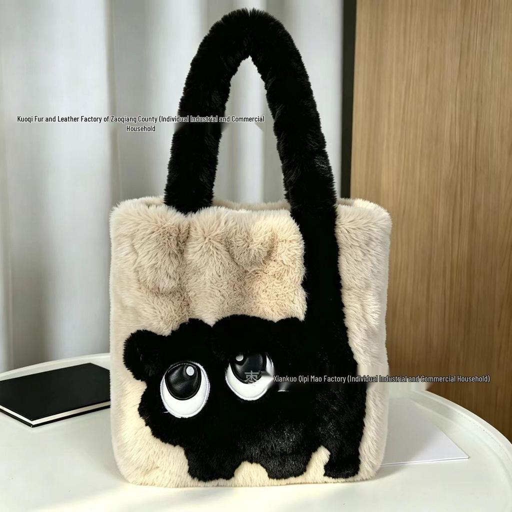 2026 Cute Cat Color Block Tote: Plush Single Shoulder Bag, Lightweight, Large Capacity