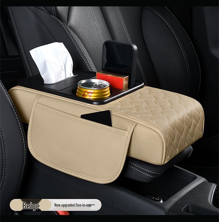 A-Segment Compact Car Armrest Box & Cup Holder Mat with Tissue Storage and Heightening Pad
