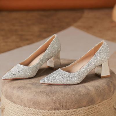 D Paillettes Séquins Strass Tempérament Célébrité Banquet Demoiselles d'honneur Chaussures Mariage Talon Épais Escarpins Pointus