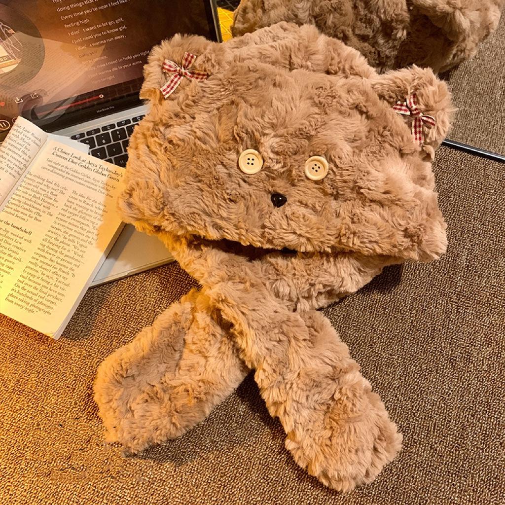 

Cartoon bear plush hat autumn and winter scarf hat integrated thickened warm windproof scarf Lei Feng hat girlfriend Other