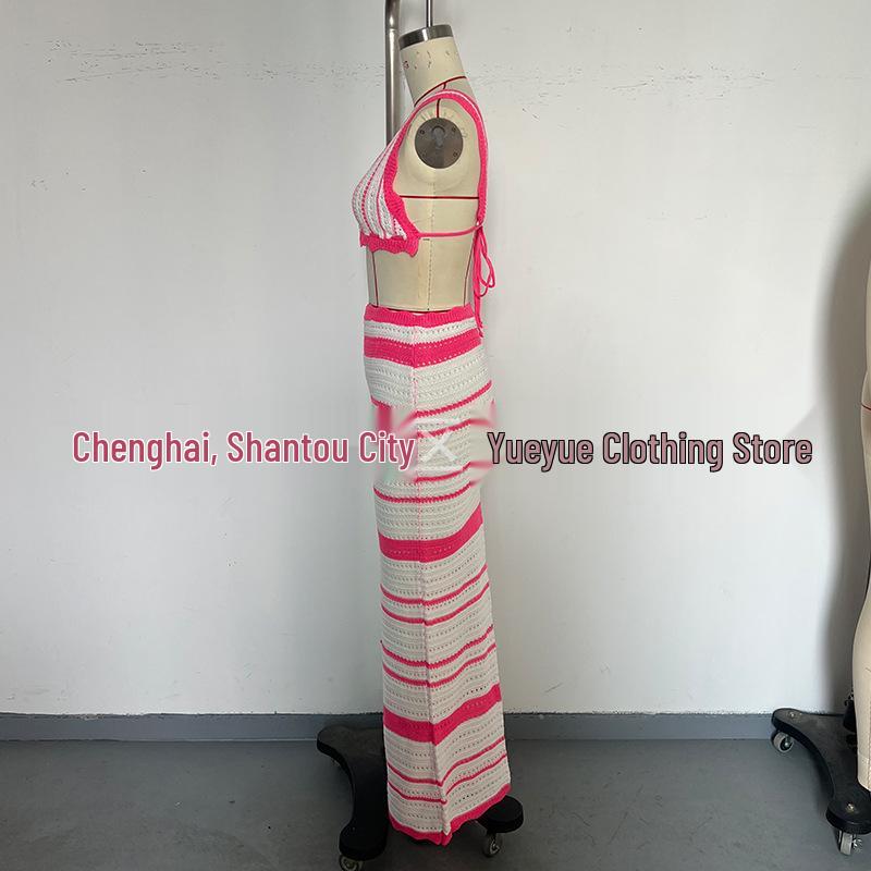 Striped European & American Fashion Vacation Beach Bikini Long Dress Set