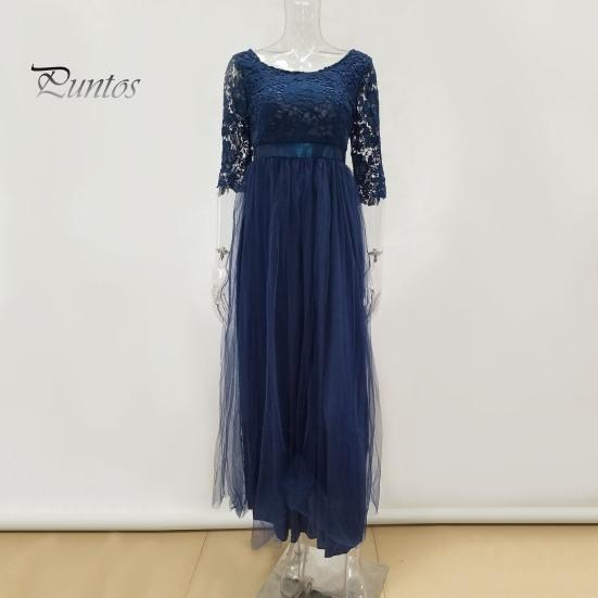 Autumn Evening Dress Women Prom Party Round Neck Lace Flower Embroidery Half Sleeve Tight Winter Gown Waist Patchwork Floor Length Pleated Lady