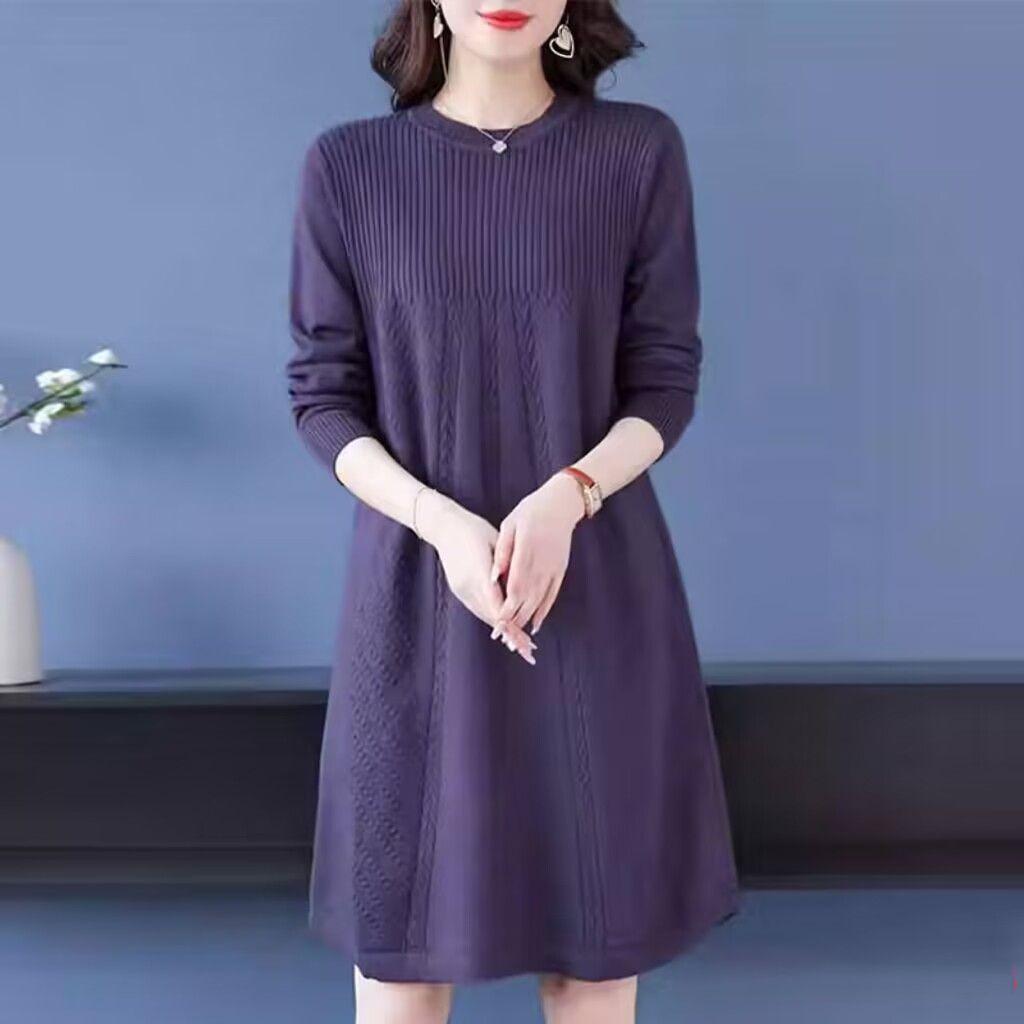 Korean-style Loose Mid-length Pullover for Women Spring Autumn and Winter Knitted Dress Solid Color Casual Sweater