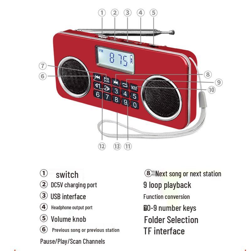 Portable Rechargeable Bluetooth Radio with Dual Speakers, Card Slot, FM Radio & Headphone Support for Seniors