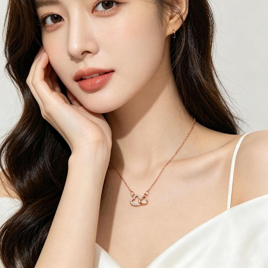 Heart Interlocking Necklace Women Korean Version Double Ring Heart-shaped Niche Sweet Design Net Red Collarbone Chain Versatile Gold Pendant