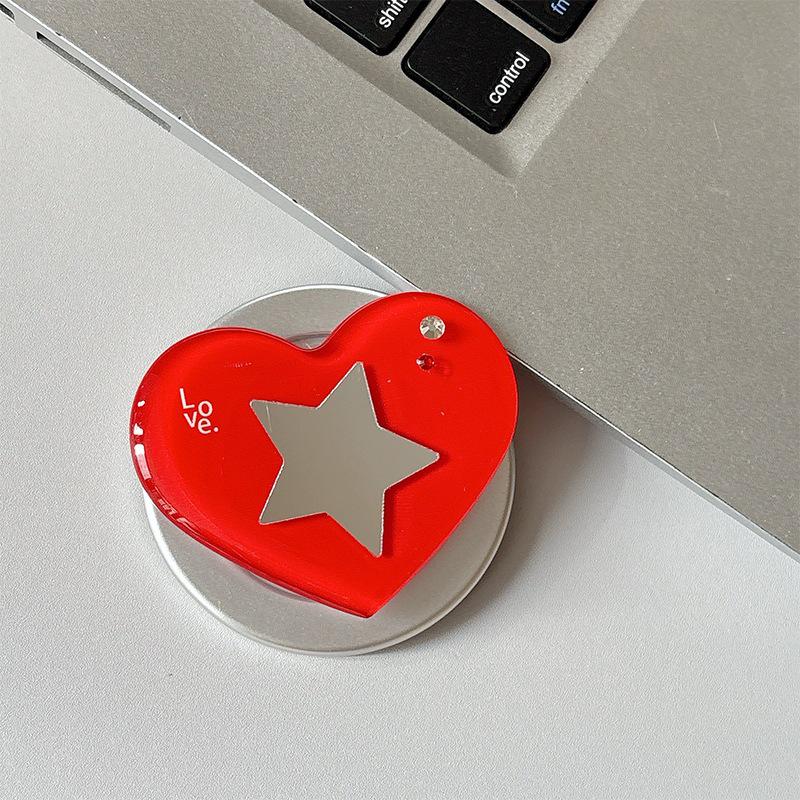 Heart-shaped Rhinestone Star Mirror Phone Holder with Magnetic Finger Ring