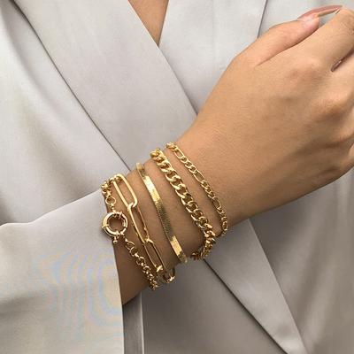Punk Sweet Cool Geometric Hollow Chain Bracelet Set Hip Hop Simple Flat Snake Bone OT Buckle Bracelet