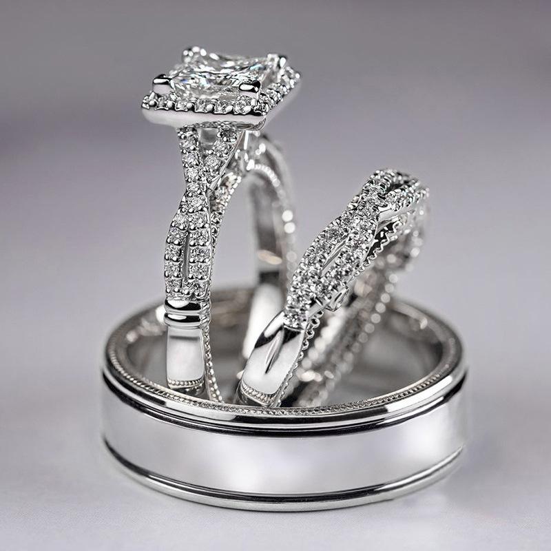 Ring Set with Geometric Inlay, Full of Zirconia Stones, Designed As a Pair of Rings, Versatile and Elegant Plain Band Ring