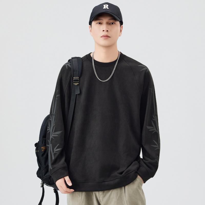 Мужская ретро толстовка с принтом бамбуковых листьев из замши и флиса - Повседневная осенняя рубашка с длинным рукавом 4XL