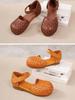 Johnature Women's Sandals Retro Versatile Round Toe Genuine Leather Woven Comfortable Flat Shoes