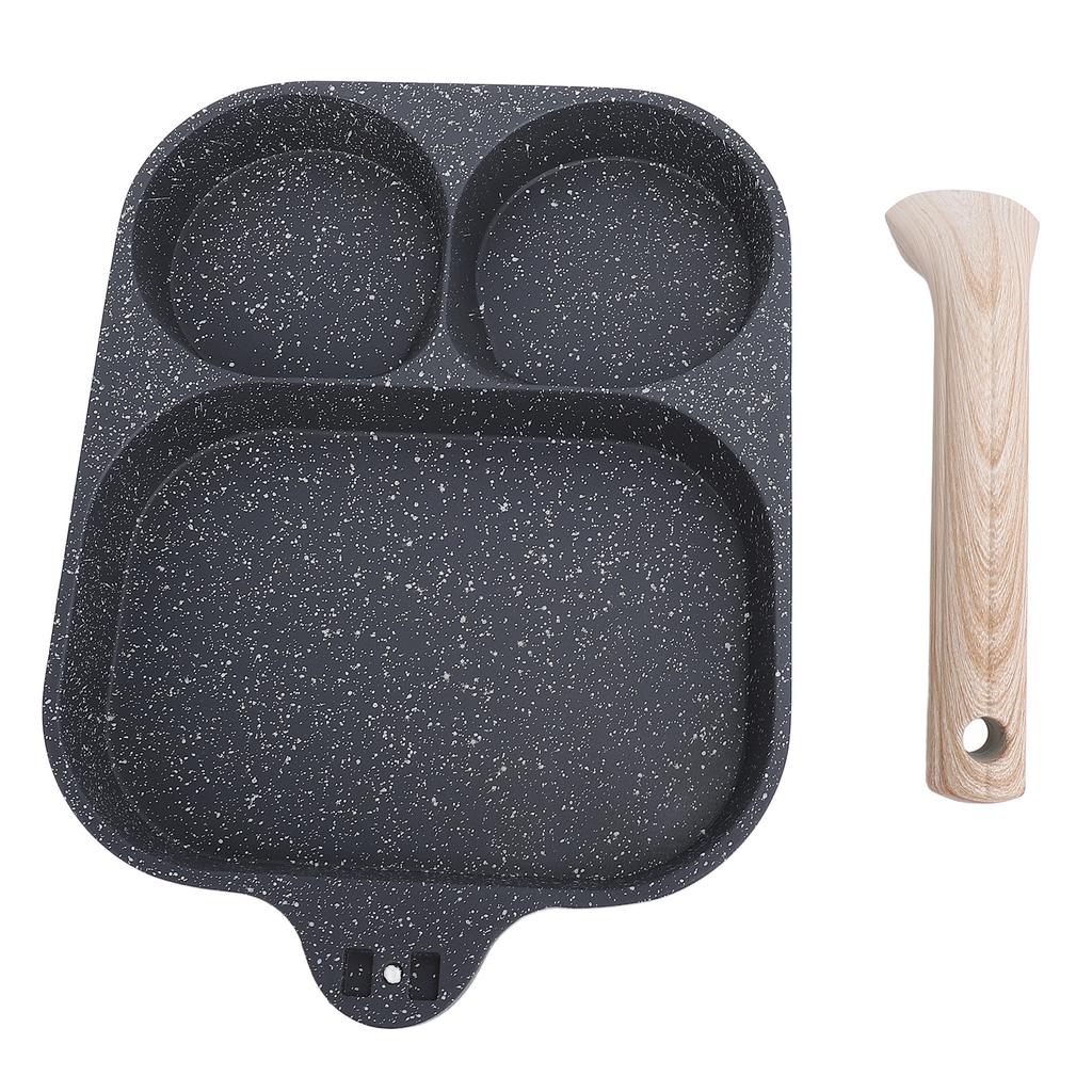 Egg Frying Pan 3 Section Stick Proof Flat Bottom Breakfast Cooking Pan with Heat Resistant Handle for Steak Omelette Black