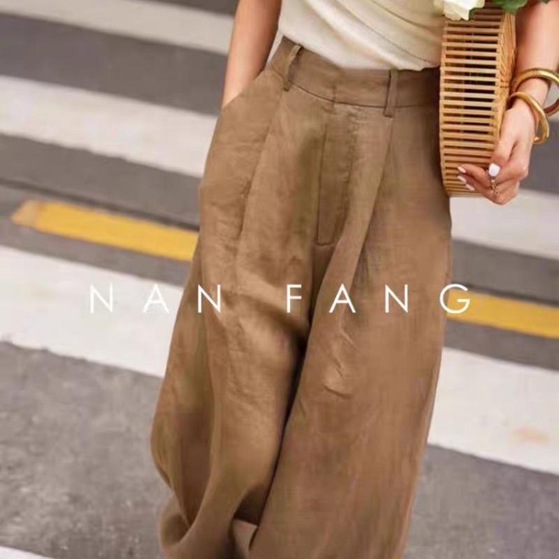 Chic Coffee-colored High-waisted Wide-leg Linen Pants for Women - Drapey, Stylish, and Casual Long Pants