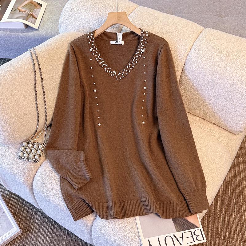 

Plus Size Women s Winter Rhinestone V-neck Sweater: Stylish Layered Outerwear for 130-350 Jin 6XL for 245-300 jin