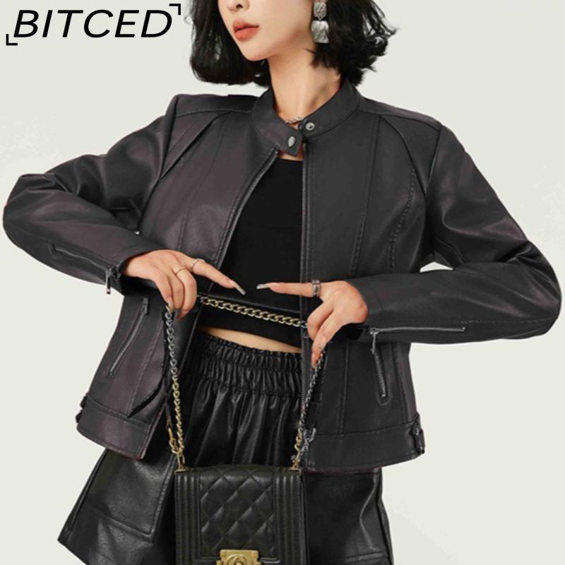 Fashionable Women's PU Leather Jacket, Stand Collar, Lightweight Spring/Autumn Style, Red Leather Jacket