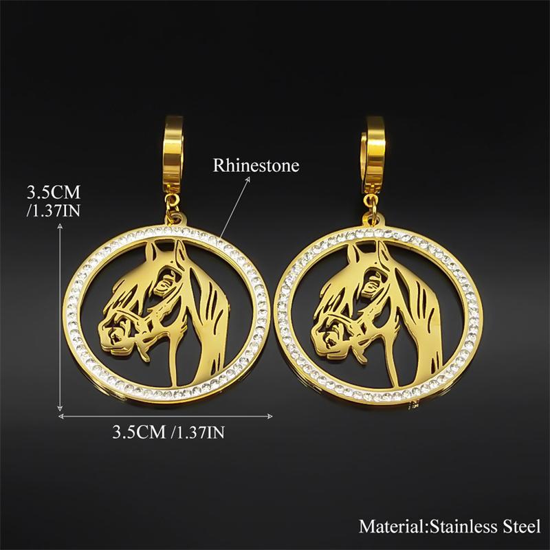 Hohler Pferdekopf Strass Hängeanhänger Ohrringe für Damen Herren Edelstahl Goldfarbe Tier Ohrring Schmuck Geschenke E42