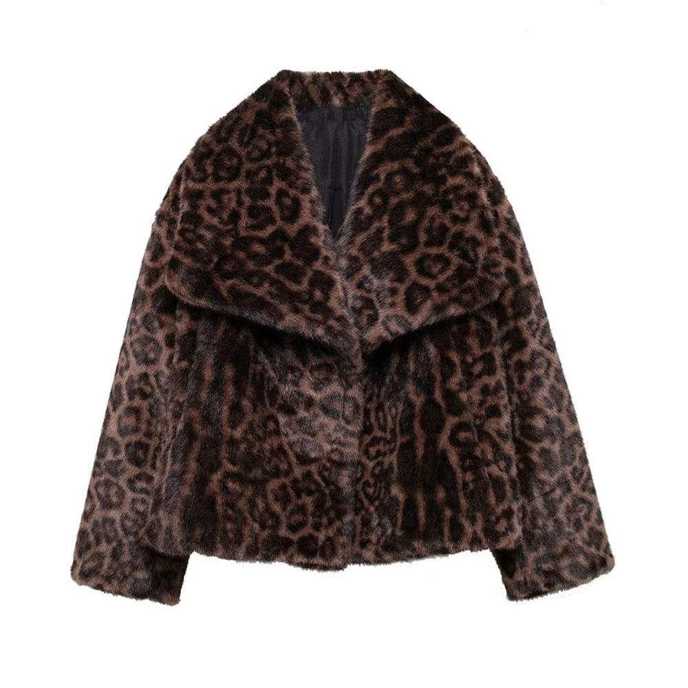 Women Winter Fashion Lazy Style Animal Print Faux Fur Warm Coat All-match Long Sleeve Lapel Coat Outerwear