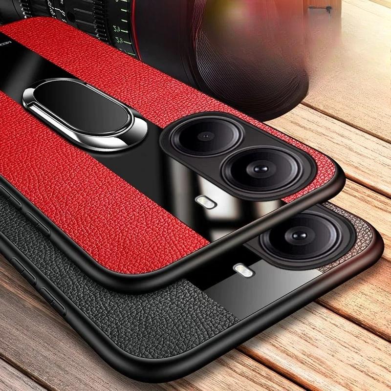 Etui ze skóry PU i pleksi na telefon POCO X7 Pro X7Pro z magnetycznym metalowym pierścieniem, odporne na wstrząsy, chroniące tylną okładkę dla POCO F7 Ultra