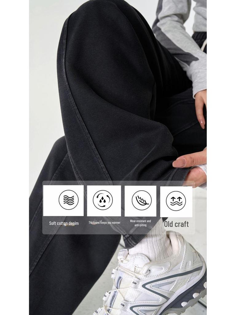 Extra Thick Black Wide-Leg Denim Women's Pants, Winter Retro Style with Plus Velvet Lining, 800g