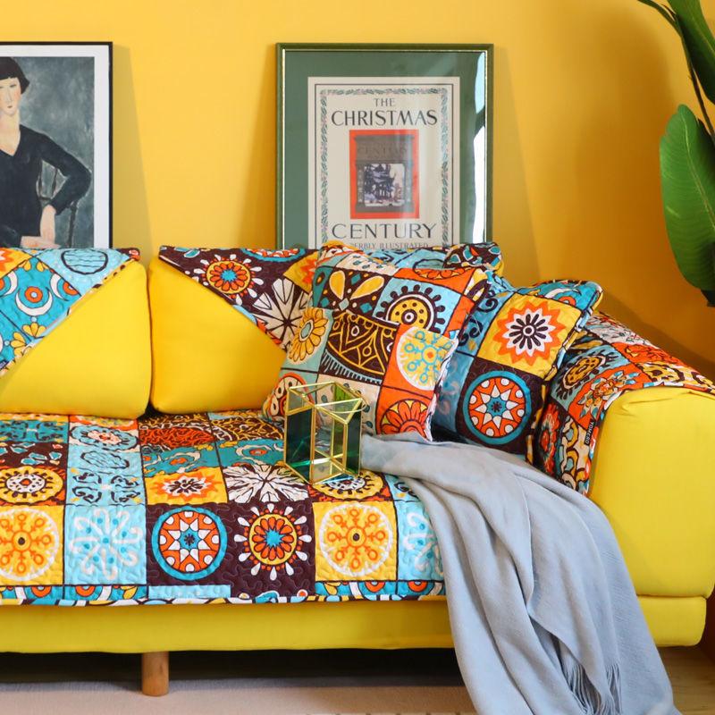 Pure Cotton Anti Slip Wear Resistant Sofa Mat Checkered Patchwork Pattern Settee Towel Bohemian Geometric Patterns Sofa Cover