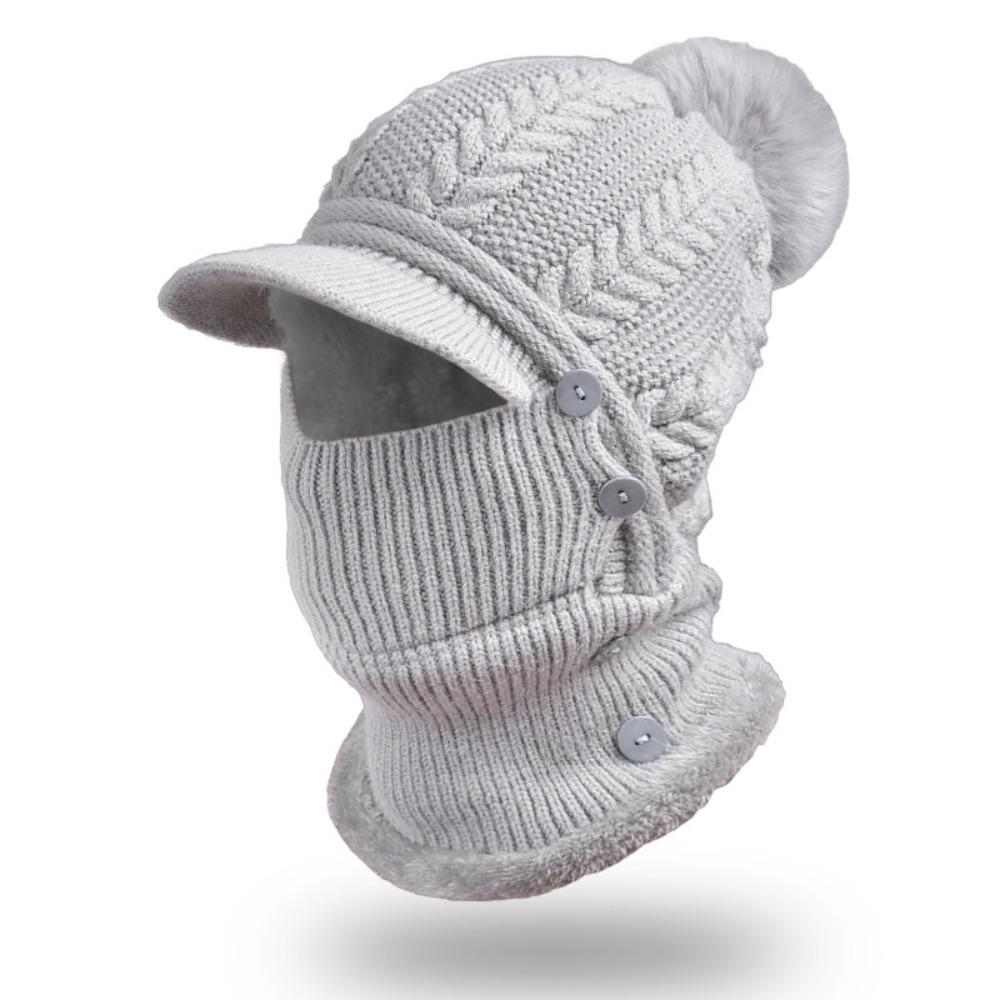 Wool Knitted Women Wool Knitted Hat Thick Face Warmer Pompoms Cap Windproof Winter Ski Hat
