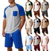 Herren Kurzarm Pyjama Set Weich Leicht Loungewear Zweiteiliges Set mit Rundhalsausschnitt Oberteil und Kordelzug Shorts Taschen Design
