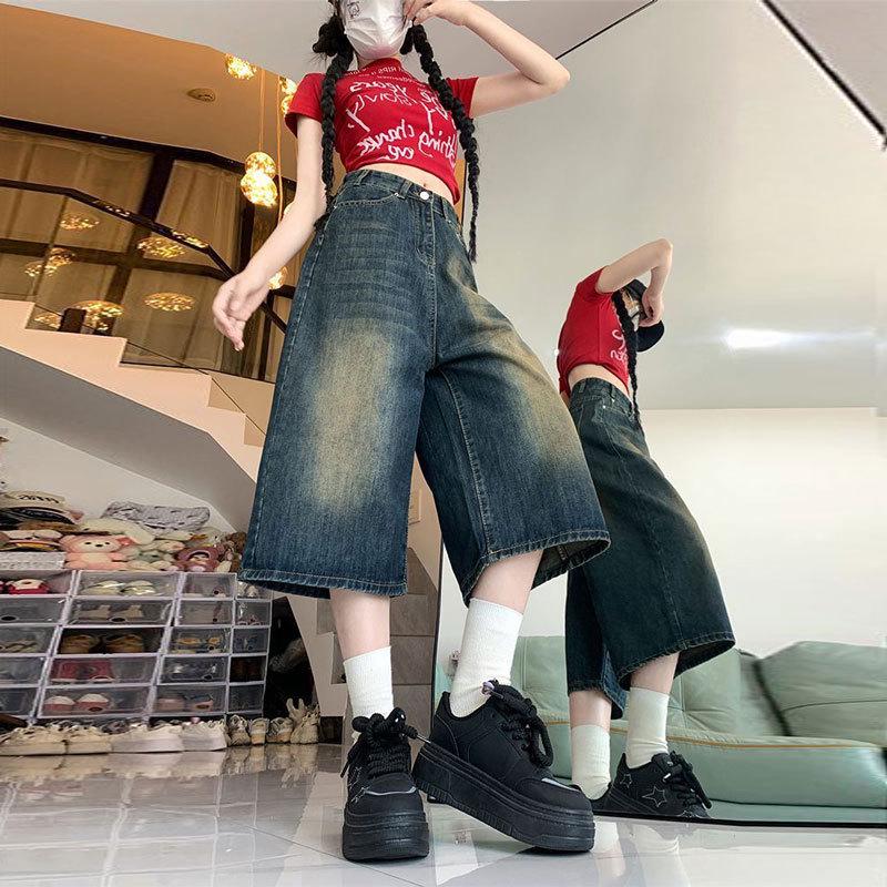 Plus Size Retro High-Waisted Cropped Wide-Leg Jeans for Women - Summer Versatile Loose-Fit Pants