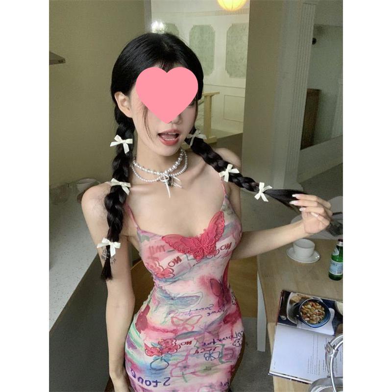 

Summer Sweet Butterfly Print Spaghetti Strap Dress - Slimming Hip-Hugging Skirt for Women Large