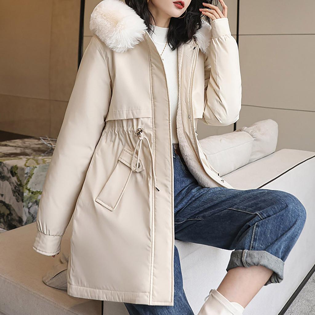 Damemote Uformell Ensfarget hette med plysj, middels lang langermet jakke med glidelåsknapp i bomull