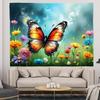 Vibrant Giant Monarch Butterfly Tapestry, Colorful Wildflower Meadow Cloud Sky Nature Art Wall Cloth For Bedroom Fresh Decor
