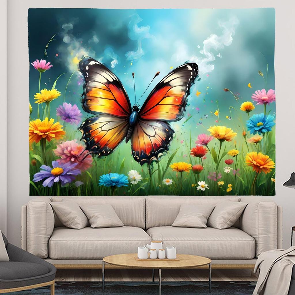 Vibrant Giant Monarch Butterfly Tapestry, Colorful Wildflower Meadow Cloud Sky Nature Art Wall Cloth For Bedroom Fresh Decor