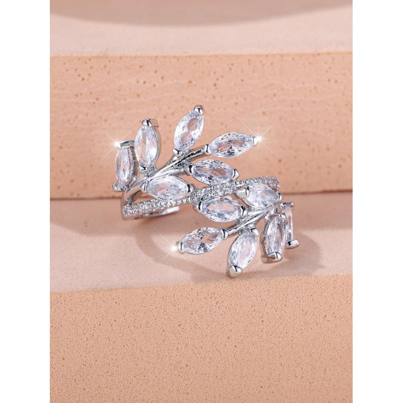 

Модное открытое кольцо с цирконом Лошадиный глаз и листом Adjustable платиновый/белый