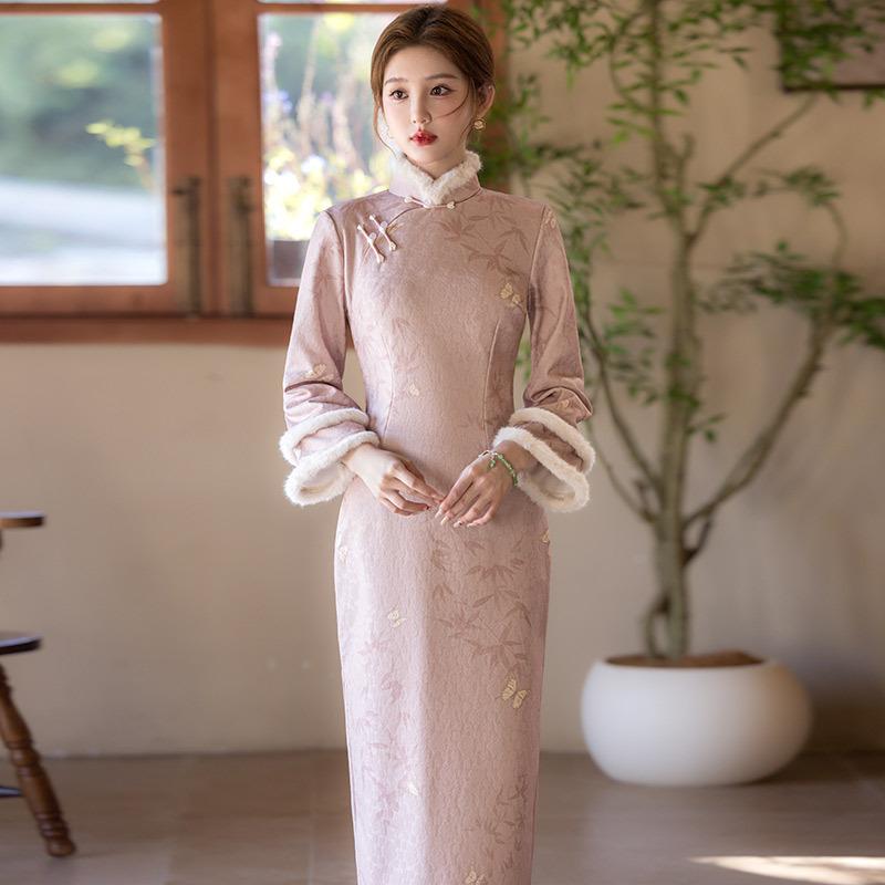 Pink velvet national style Suzhou long-sleeved improved cheongsam winter thick women's new Chinese-style high-end retro autumn and winter clothing