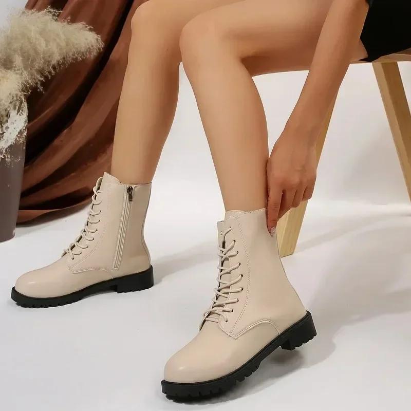Stivaletti alla caviglia con fondo spesso da donna, con cerniera laterale, in pelle PU, neri, taglie forti 41 42
