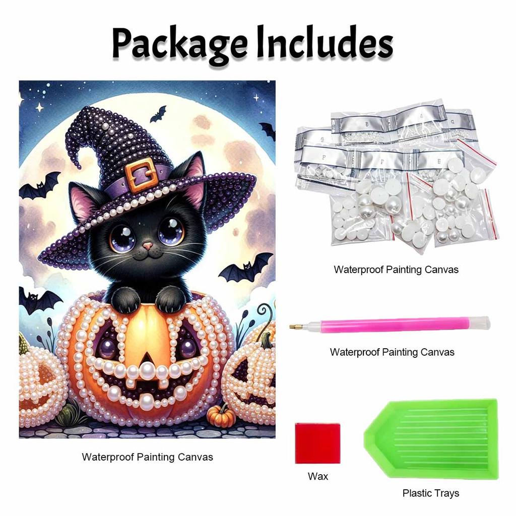 Pearl Painting DIY Kit Frameless Halloween Black Cat Pumpkin Pattern Shiny Bead Art Canvas Creative Wall Decor Holiday Gift