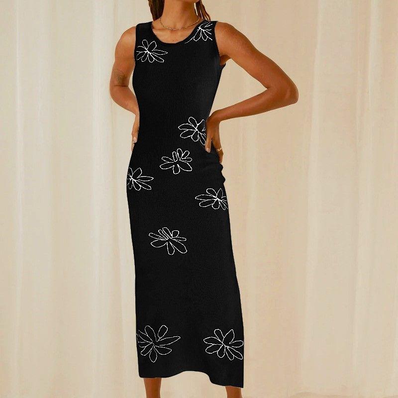 Summer New Round Neck Sling Long Dress Women Beautiful European and American Sexy High Waist Side Slit Knitted Dress