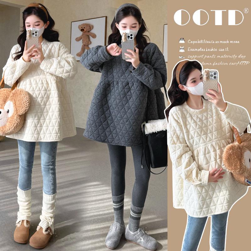 2026 Winter Maternity Slim Fit Quilted Hoodie - Korean Style Mid-Length Warm Maternity Shirt Large