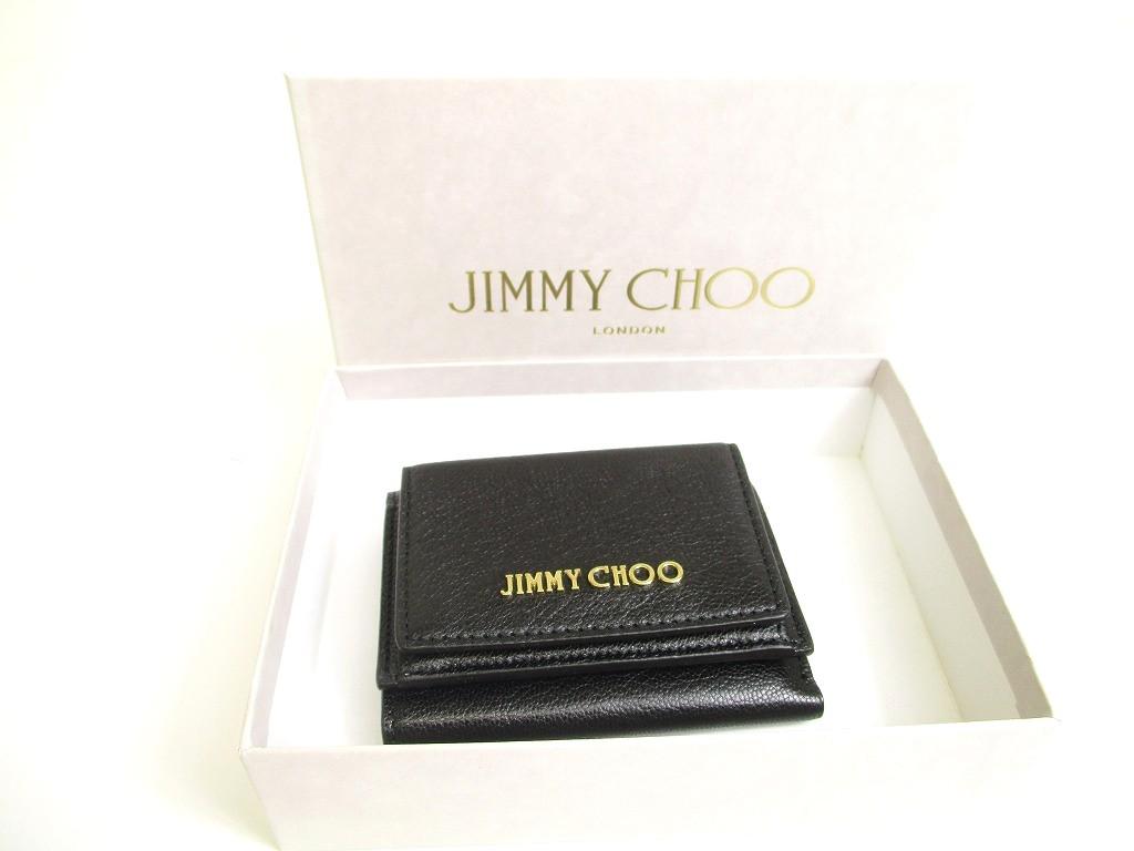 Authentic Jimmy Choo Metal Logo Black Leather Trifold Wallet Compact Wallet NAIMA #a789  Refurbished