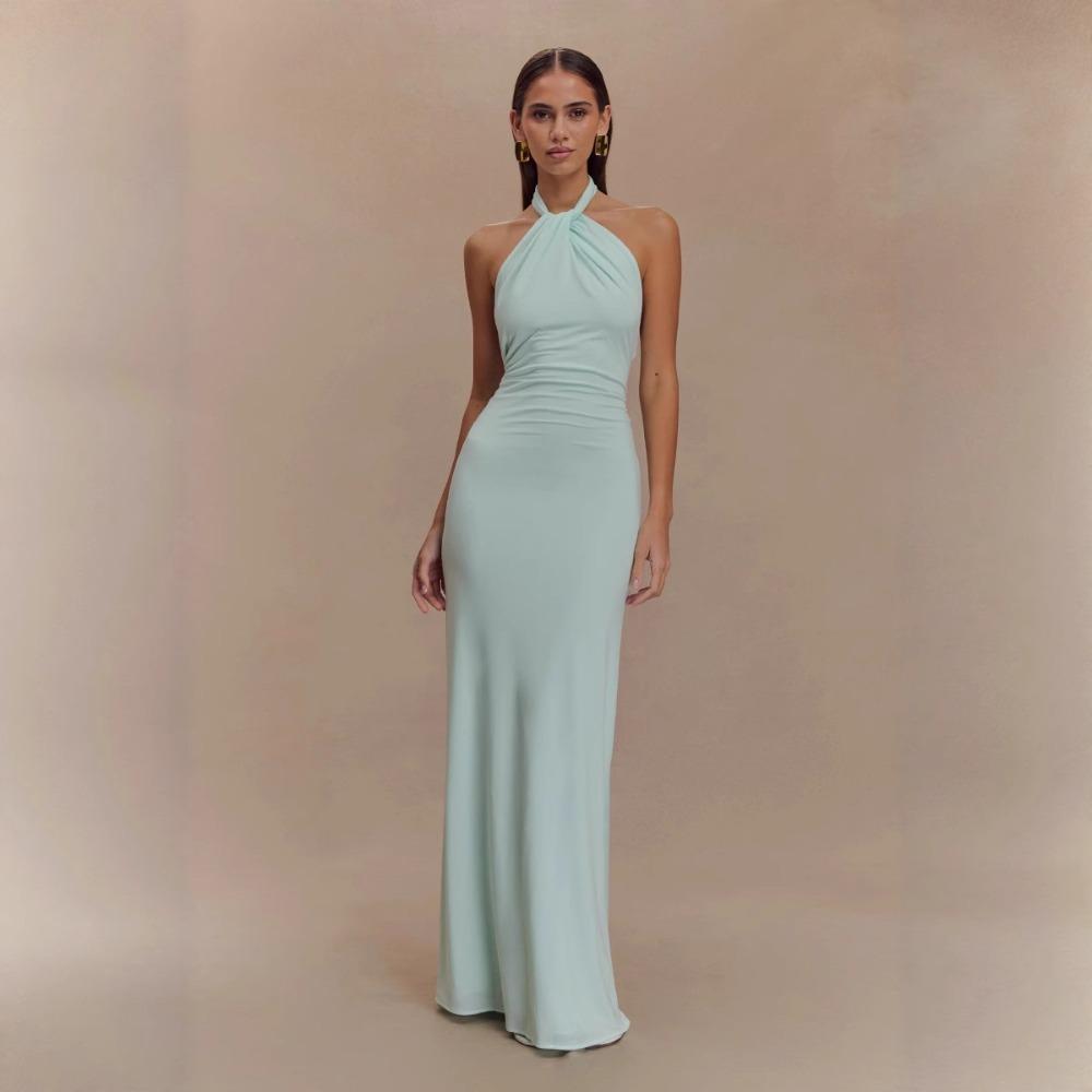 Abito Maxi da Donna con Scollo all'Americana Senza Maniche Bodycon Vita Alta Elegante Pieghettato Monocolore Formale Sirena