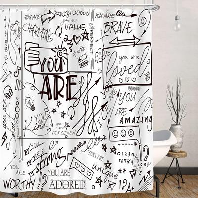 Teen Shower Curtain Set - Funny Inspirational Quotes, Black/White Abstract Design,with 12 Hooks, Neutral Youth Bath Decor