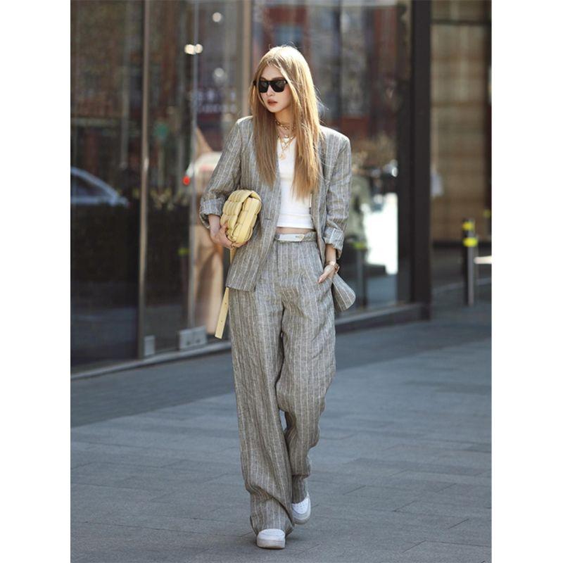 

Fashion Denim Casual Young Adult Lady like Woman Fried Street Hong Kong Style Cotton and Linen Suit Outwear Loose Pants Two-piece Set Women s Suit Grey Outwear + Grey pants S