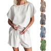 Zweiteiliges Damen-Set aus Baumwolle und Leinen, passendes Lounge-Set für den Sommer, lässiges Oberteil mit Rundhalsausschnitt, kurzer Anzug mit Kordelzug in der Taille für Zuhause