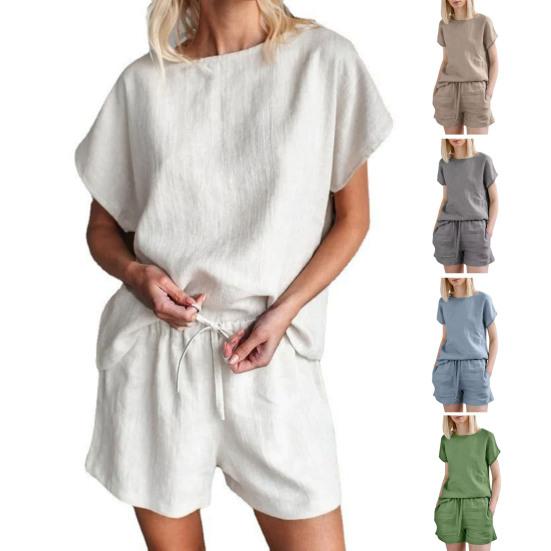 Zweiteiliges Damen-Set aus Baumwolle und Leinen, passendes Lounge-Set für den Sommer, lässiges Oberteil mit Rundhalsausschnitt, kurzer Anzug mit Kordelzug in der Taille für Zuhause