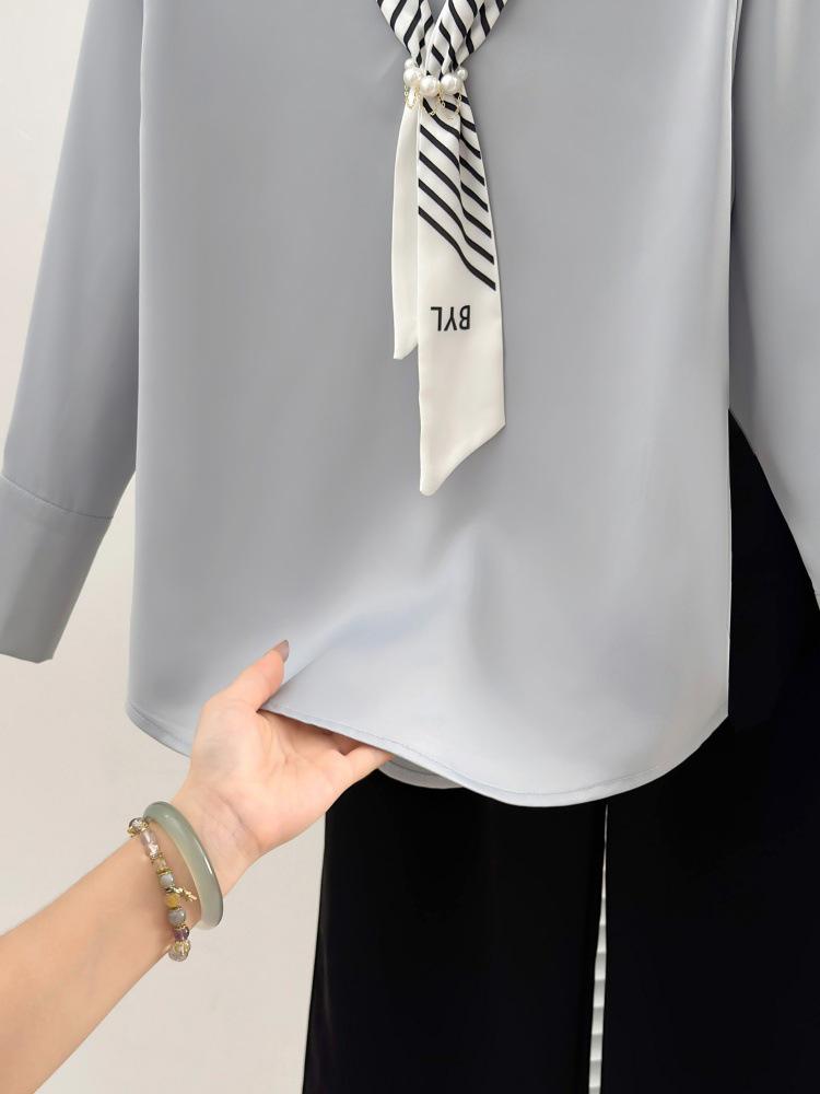 Women's Satin Long Sleeve Ribbon Shirt - French Chic 2025 Autumn Collection