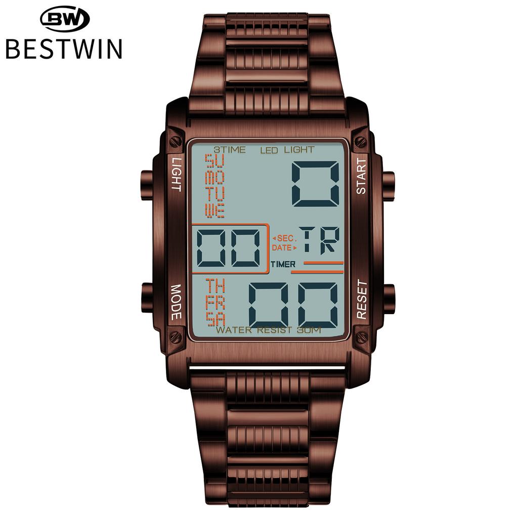 BESTWIN 126-2 Fashion Retro Men's Digital Watch Multifunction Steel Strap Waterproof Sporty Casual Male Watch Gift