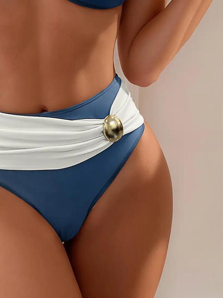 2025 European & American Color-Block Split Bikini with Button Detail - Sexy Fashion Women's Swimsuit