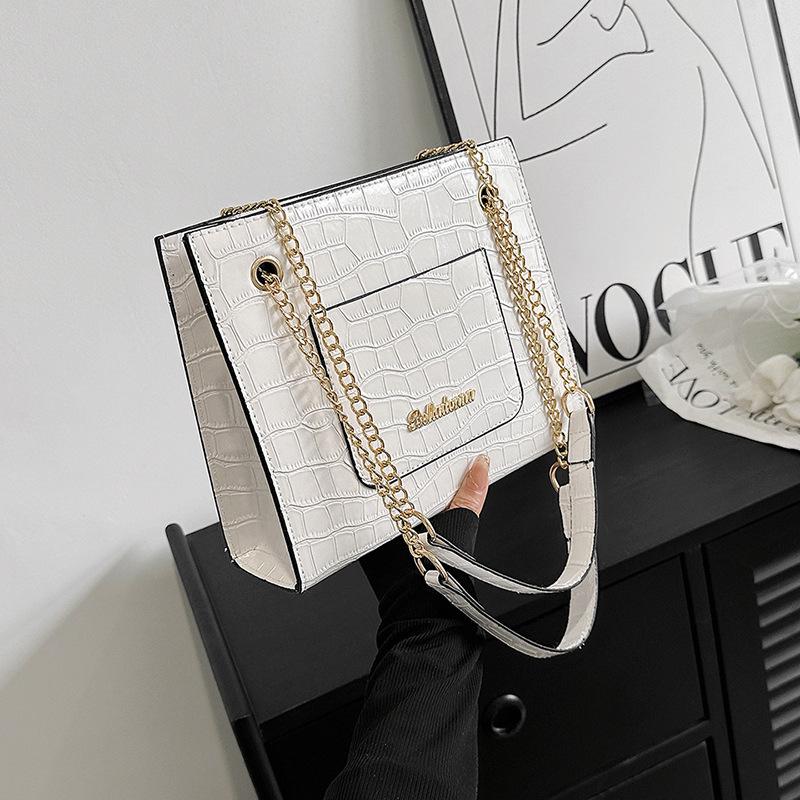 

Большая вместительная женская сумка 2024 года, новая сумка через плечо с глянцевым каменным узором, корейская версия повседневной сумки на цепочке белый