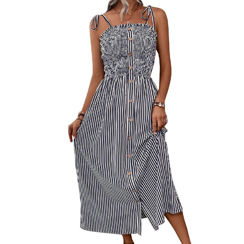 Καλοκαιρινό Γυναικείο Φόρεμα Χάλτερ Ριγέ Φόρεμα Φούστα Α γραμμής Αμάνικο Φόρεμα με Αντίθεση Χρωμάτων