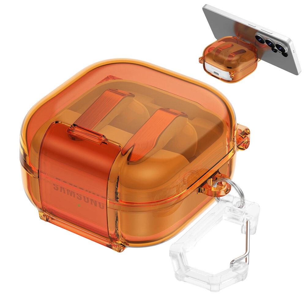 KEYSION HD Transparent Earphone Case for Samsung Galaxy Buds 4 4 Pro Hard PC Shockproof Headphone Cover With Phone Stand Hook